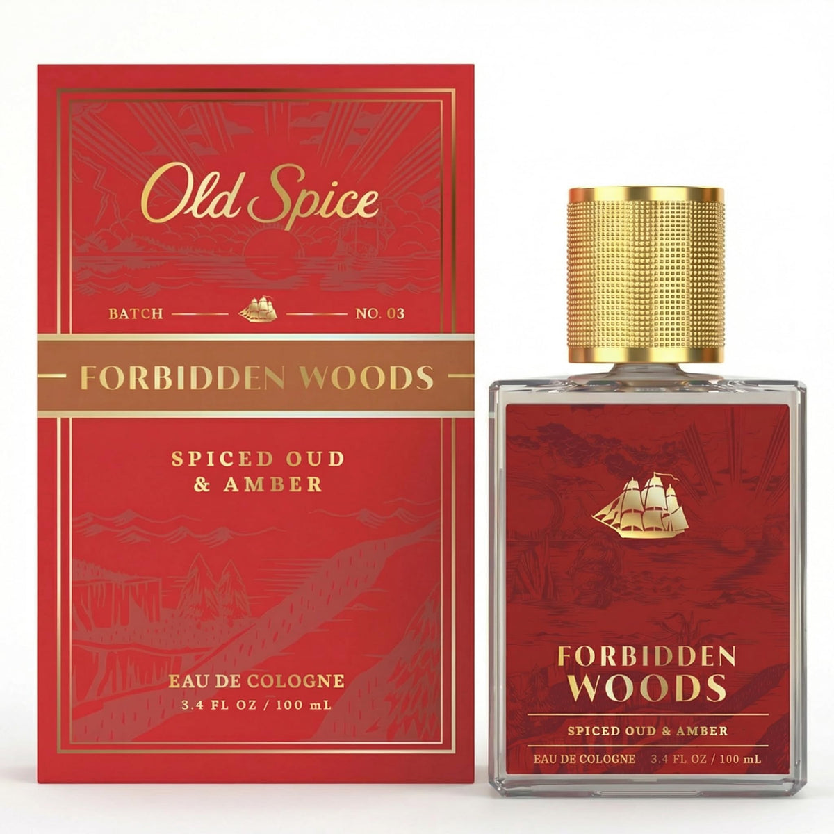 Old Spice Forbidden Woods front bottle showing elegant design and bold presence