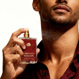 Old Spice Forbidden Woods label detail highlighting spiced oud and amber notes