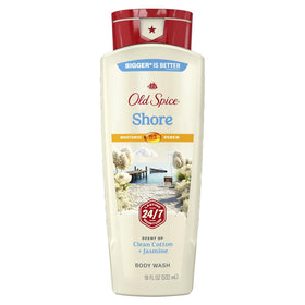 Old Spice front bottle showing Clean Cotton & Jasmine scent and clear benefit