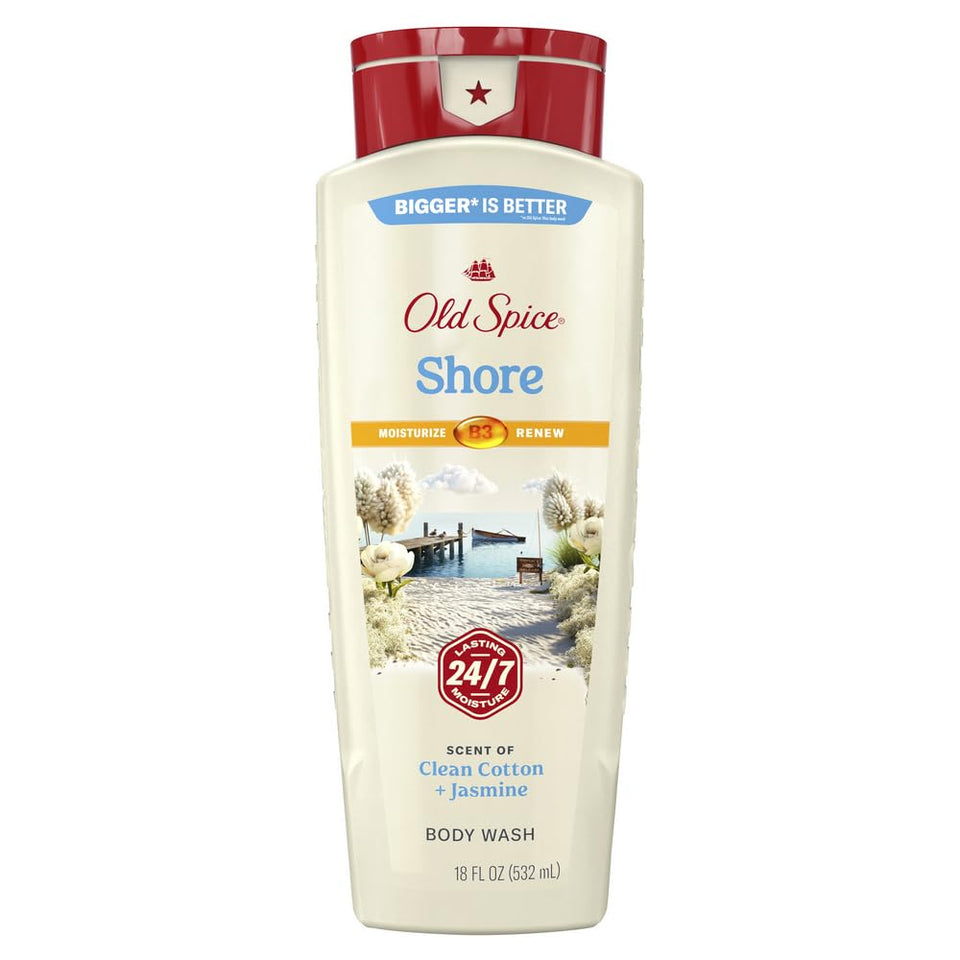 Old Spice front bottle showing Clean Cotton & Jasmine scent and clear benefit