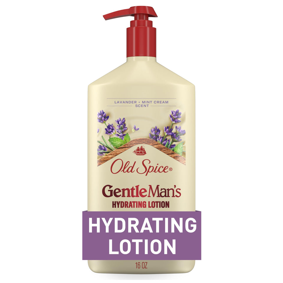 Old Spice bottle front view showing Lavender + Mint Cream packaging and quick hydration benefit