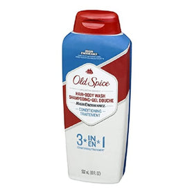 Old Spice front packaging 18 oz bottle showing clear label and long-lasting scent benefit