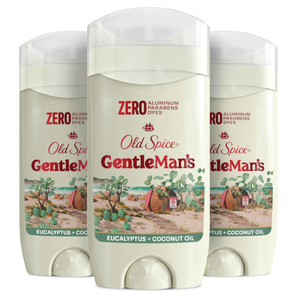 Old Spice front packaging showing eucalyptus and coconut scent benefits