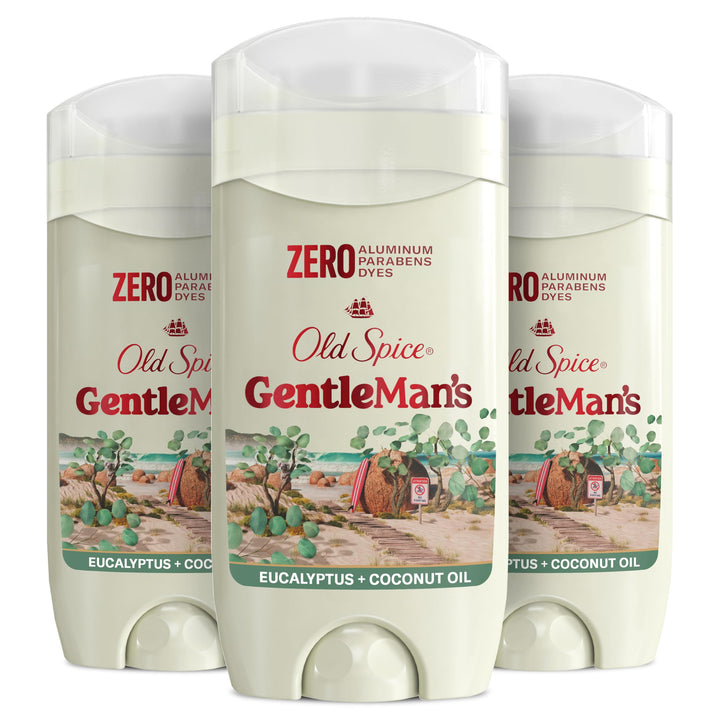 Old Spice front packaging showing eucalyptus and coconut scent benefits