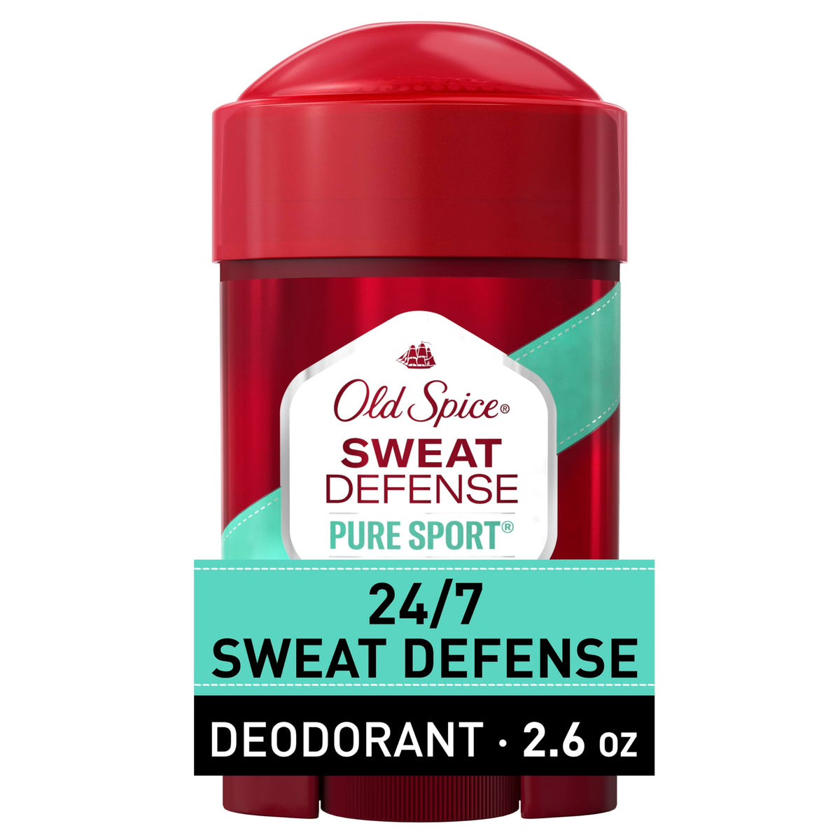 Old Spice front packaging Pure Sport Plus showing compact 2.6 oz and branding benefits