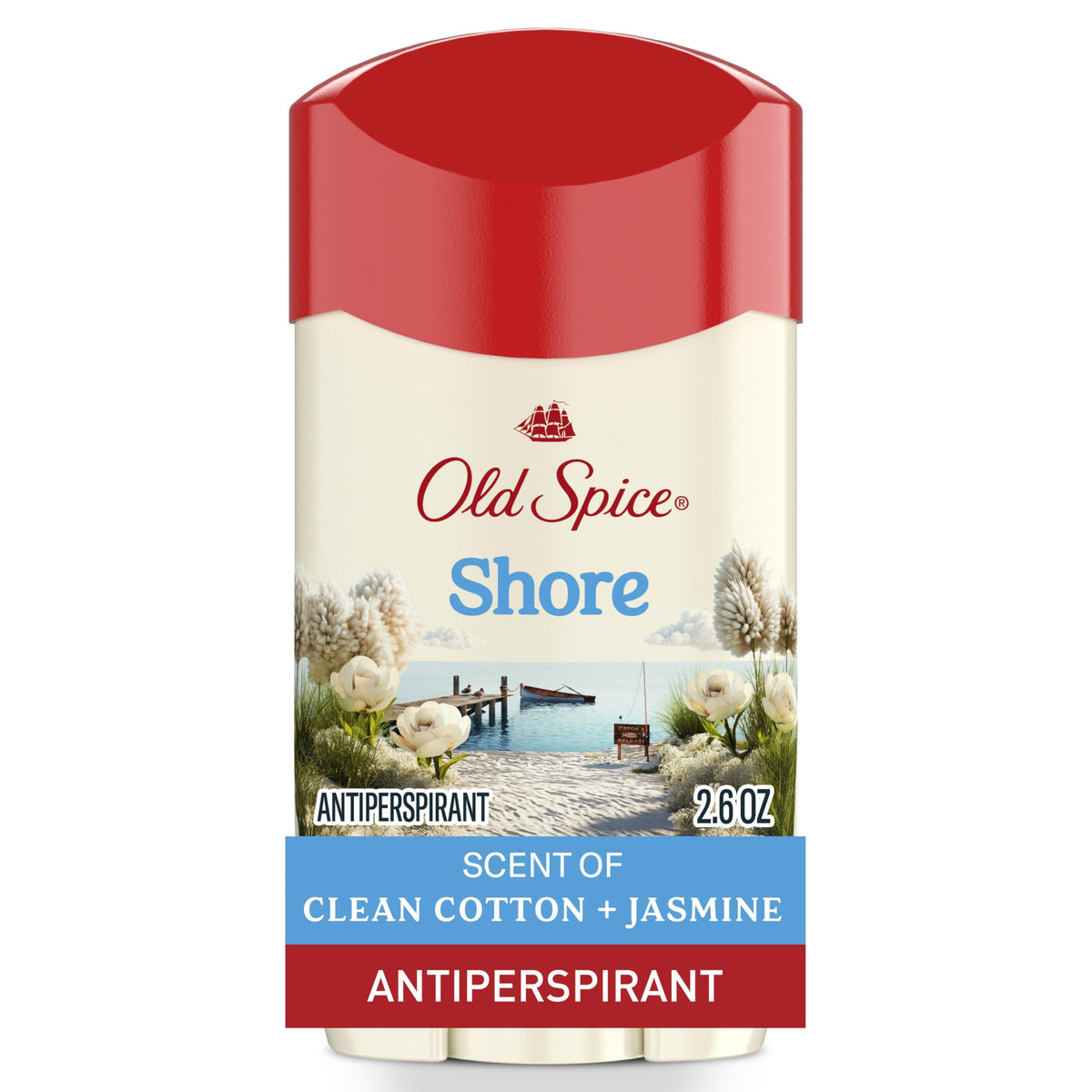 Old Spice front packaging showing Shore Clean Cotton & Jasmine scent and long-lasting benefit
