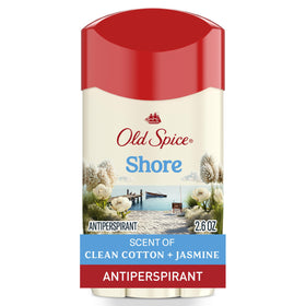 Old Spice front packaging showing Shore Clean Cotton & Jasmine scent and long-lasting benefit