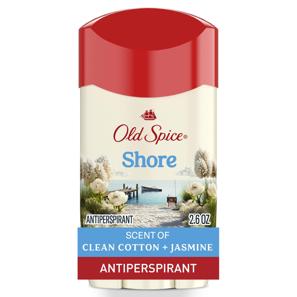 Old Spice front packaging showing Shore Clean Cotton & Jasmine scent and long-lasting benefit