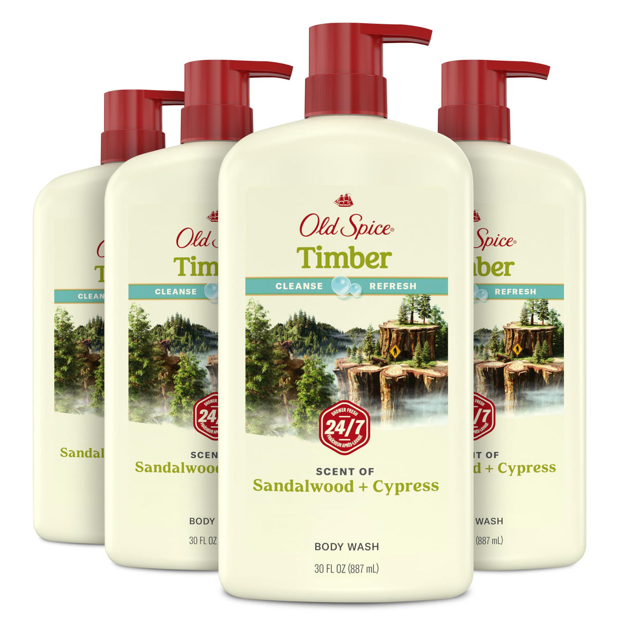 Old Spice front packaging showing Timber with Sandalwood scent and lasting freshness