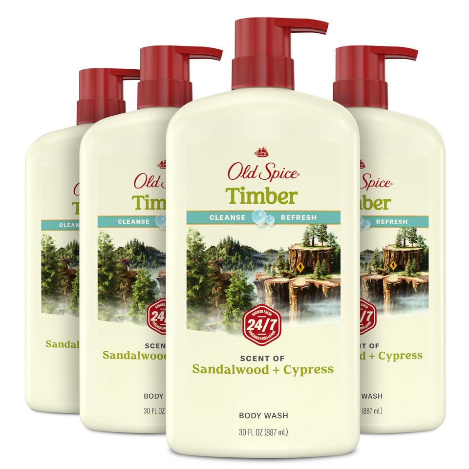 Old Spice front packaging showing Timber with Sandalwood scent and lasting freshness