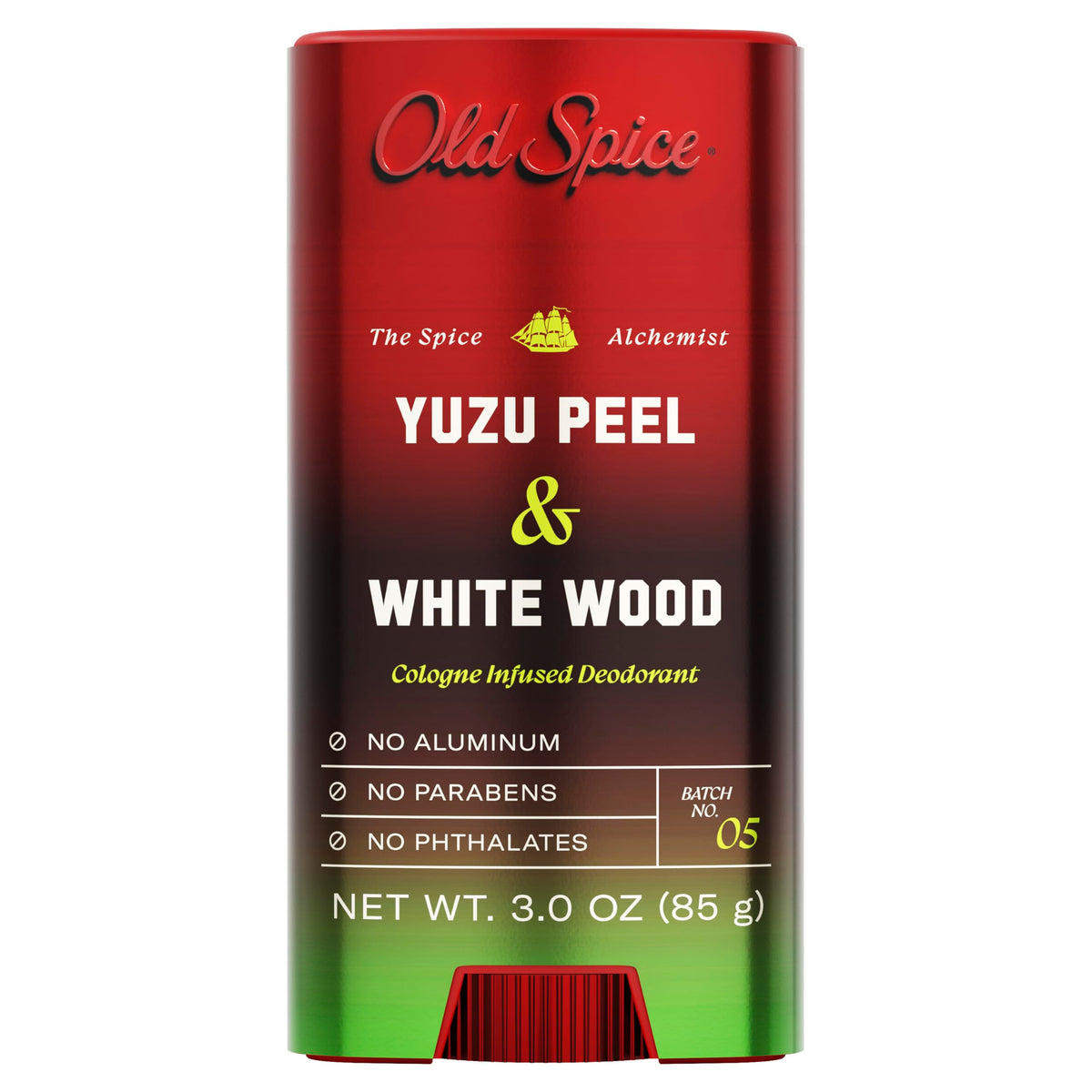 Old Spice front packaging showing yuzu peel and white wood scent benefit