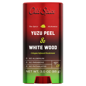 Old Spice front packaging showing yuzu peel and white wood scent benefit