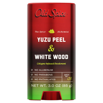 Old Spice front packaging showing yuzu peel and white wood scent benefit