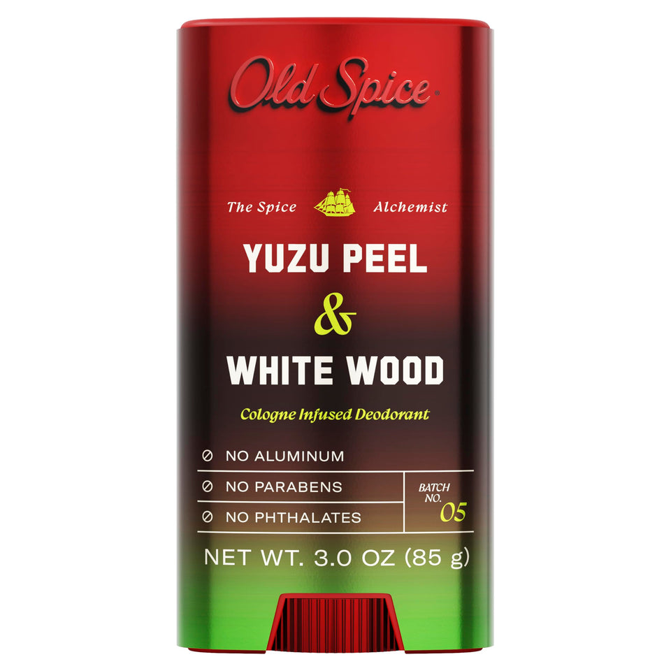 Old Spice front packaging showing yuzu peel and white wood scent benefit