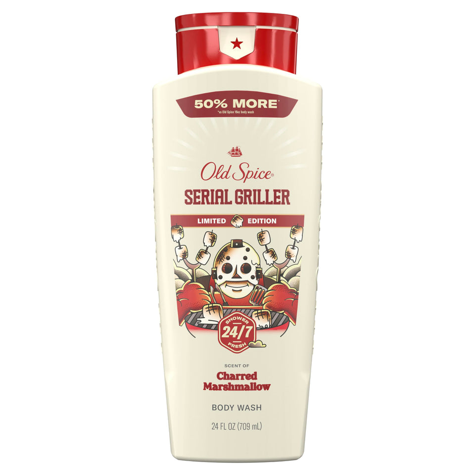 Old Spice front packaging showing Serial Griller bottle and bold branding benefits