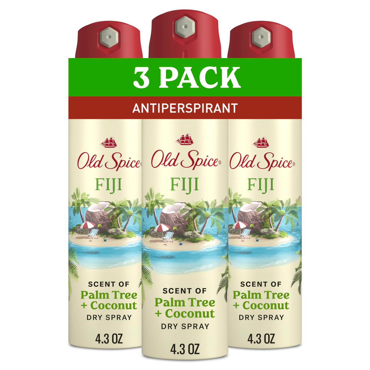 Old Spice front spray can showing Fiji scent and fast-dry benefit