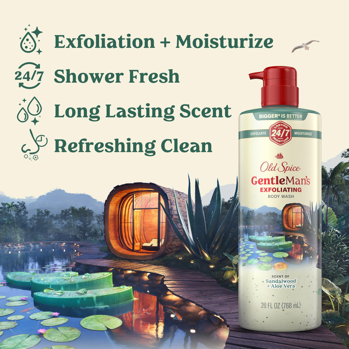Old Spice pump and label closeup highlighting product name and key benefits