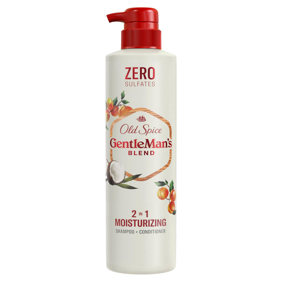 Old Spice bottle front showing label and 2-in-1 convenience