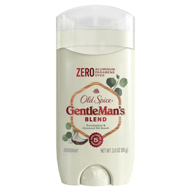 Old Spice GentleMan's Blend front packaging showing eucalyptus scent and 3.0 oz size, clear brand benefit