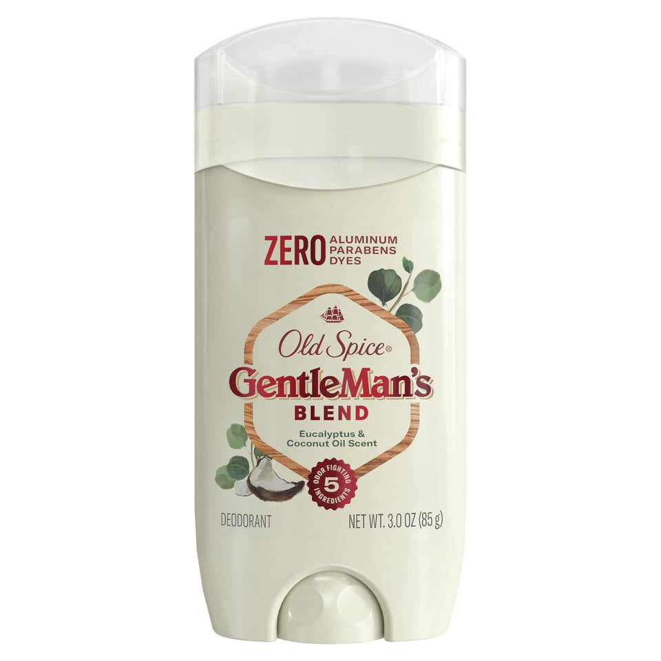Old Spice GentleMan's Blend front packaging showing eucalyptus scent and 3.0 oz size, clear brand benefit