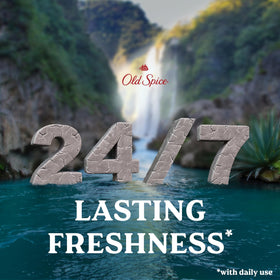 Old Spice close-up label highlighting blue agave and fresh waterfall scent