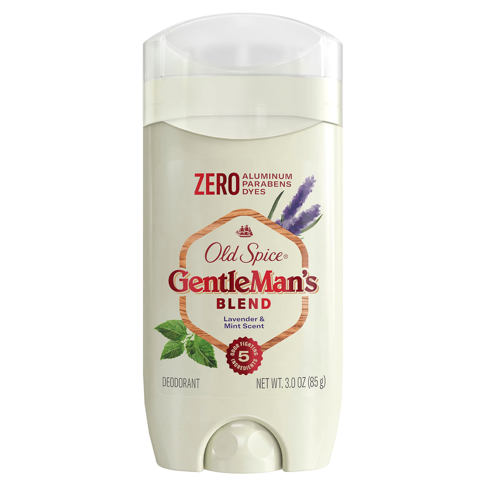 Old Spice GentleMan's front packaging showing lavender and mint scent for long-lasting freshness