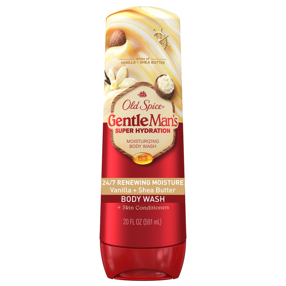 Old Spice GentleMan’s front packaging showing 20 oz bottle and branding benefit: clear product ID