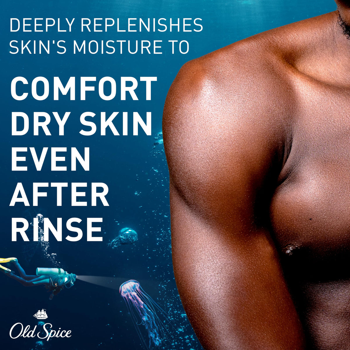 Old Spice ingredient badge highlighting vitamin B3 and skin conditioners