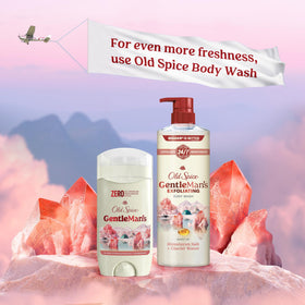 Old Spice ingredient list callout, highlights aluminum-free gentle formulation