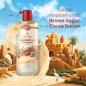 Old Spice GentleMan's bottle on bathroom shelf conveying daily grooming benefit