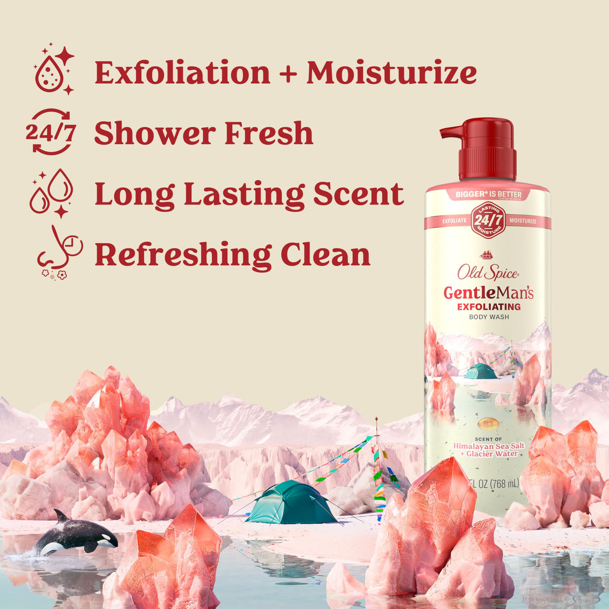 Old Spice pump and label detail highlighting long-lasting freshness