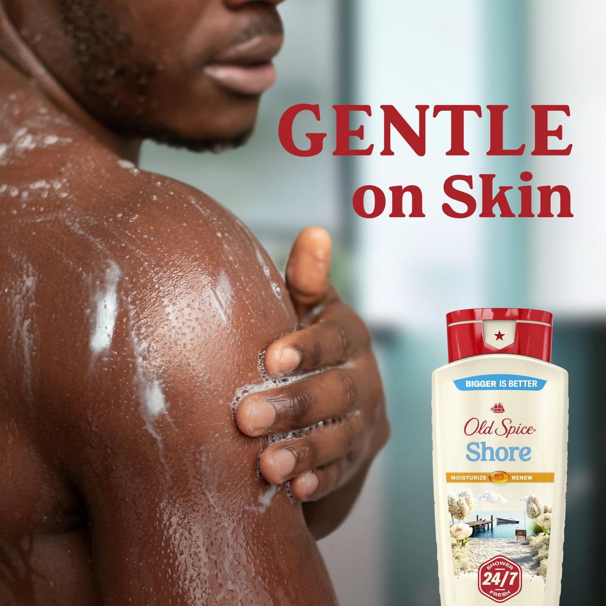 Old Spice 18 oz bottle held in hand to show size and travel-friendly benefit
