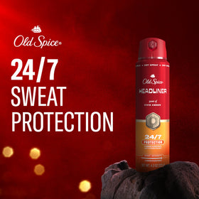 Old Spice Headliner nozzle close-up showing spray texture and quick-dry benefit