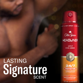 Old Spice Headliner scent notes graphic showing black currant leather amber depth