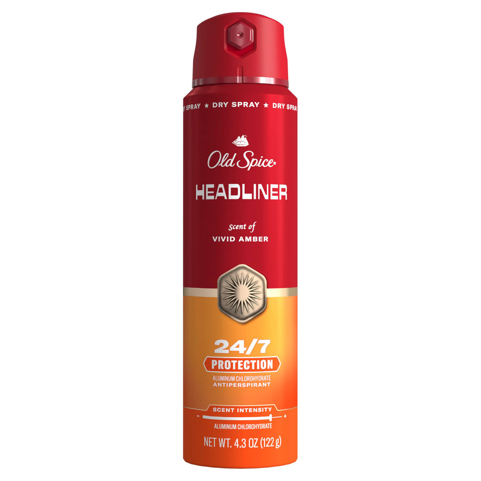 Old Spice Headliner front packaging showing bold amber scent benefit
