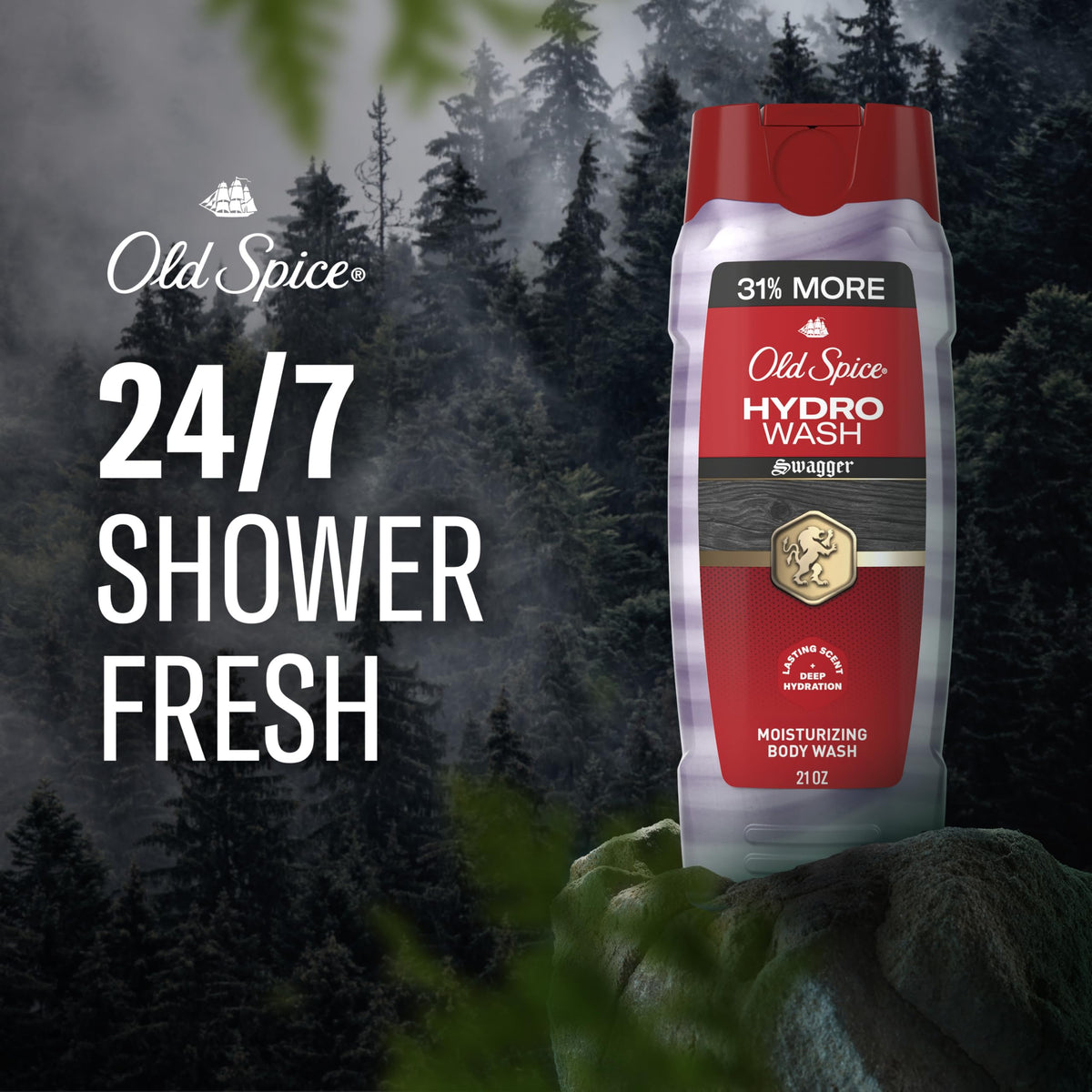 Old Spice bottle cap pouring wash to show easy one-handed dispensing benefit