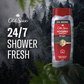 Old Spice bottle cap pouring wash to show easy one-handed dispensing benefit