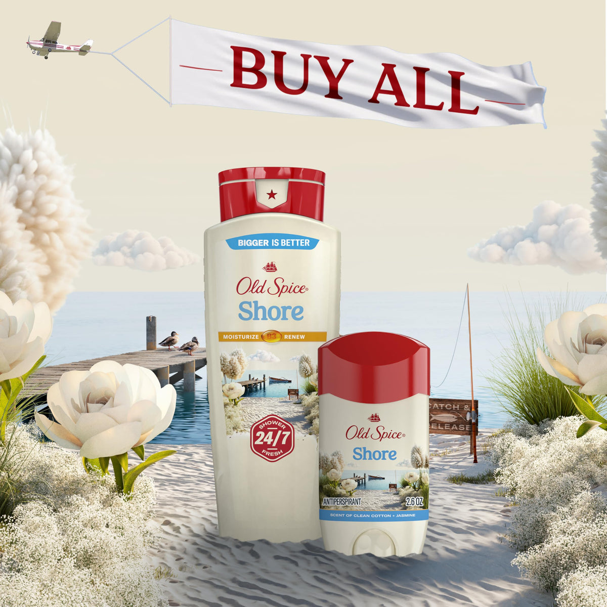 Old Spice jasmine and cotton notes displayed with flowers highlighting subtle scent benefit