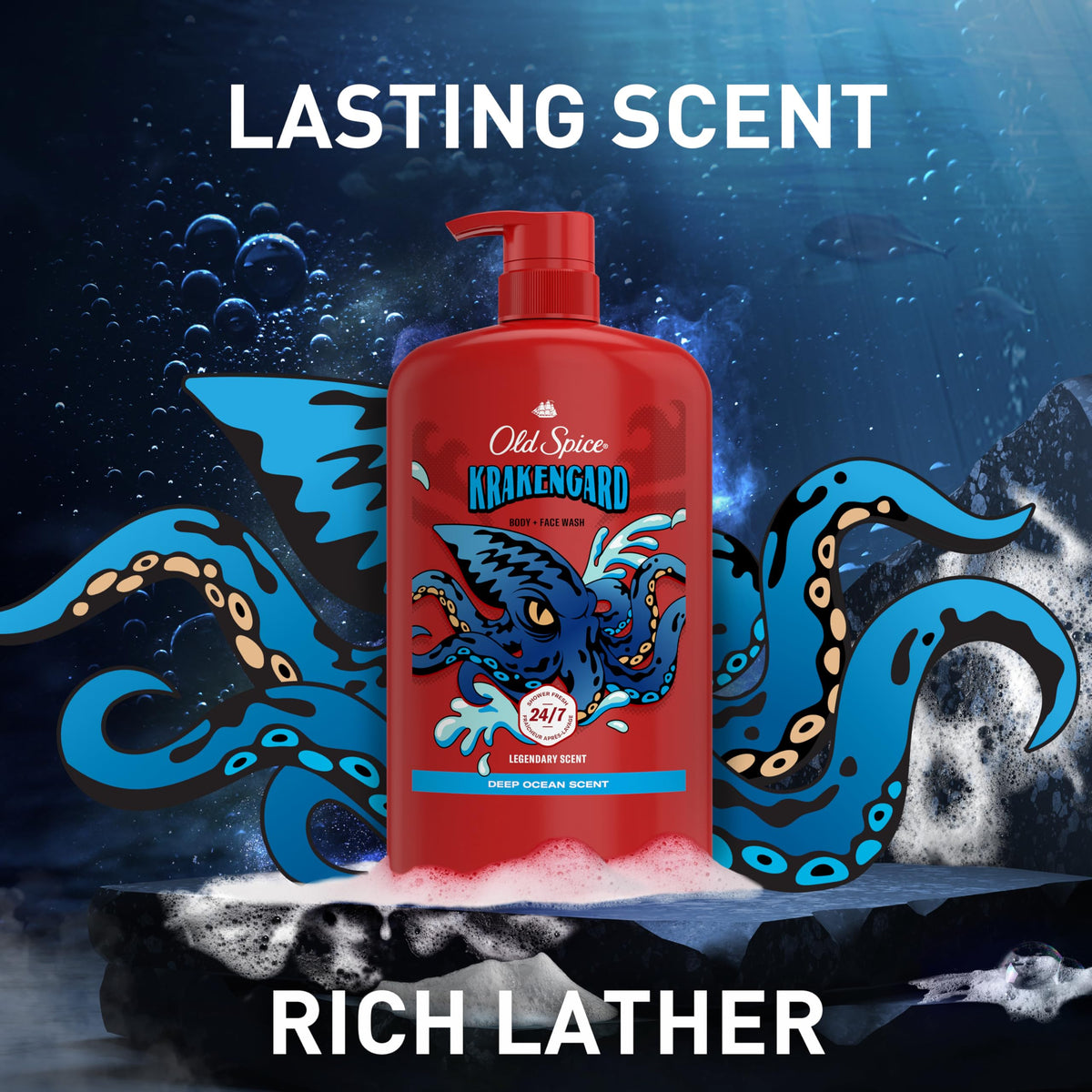 Old Spice Krakengard lined on bathroom shelf for household convenience benefit