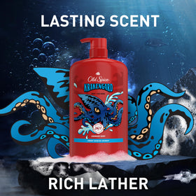 Old Spice Krakengard lined on bathroom shelf for household convenience benefit