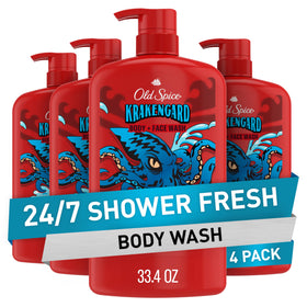 Old Spice Krakengard front pack view showing four bottles and product benefit