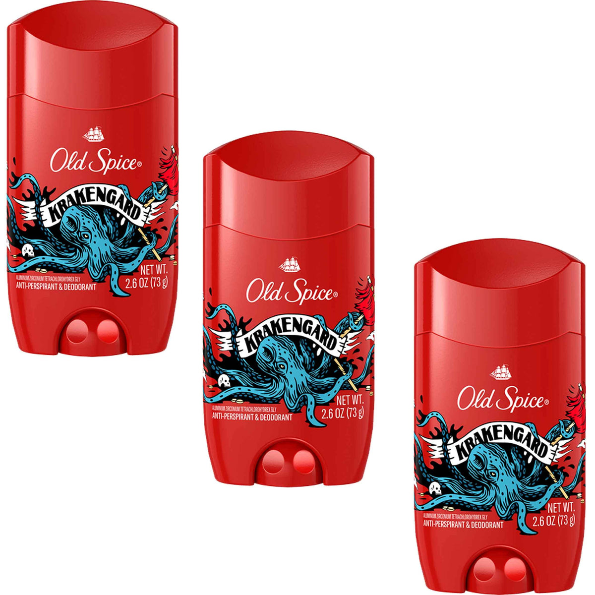 Old Spice Krakengard front packaging showing three sticks and bold branding for confidence