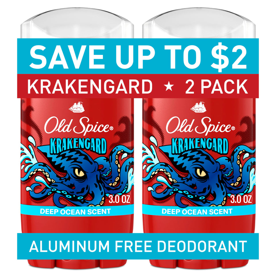 Old Spice Krakengard front packaging showing deep ocean scent and two-pack convenience