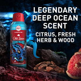 Old Spice Krakengard beside a hand to show 5.1 oz size for travel-friendly use