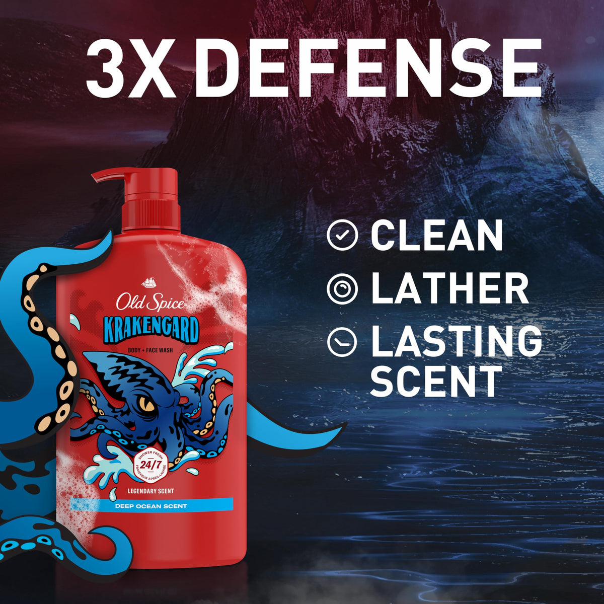 Old Spice Krakengard single bottle label closeup highlighting scent and size