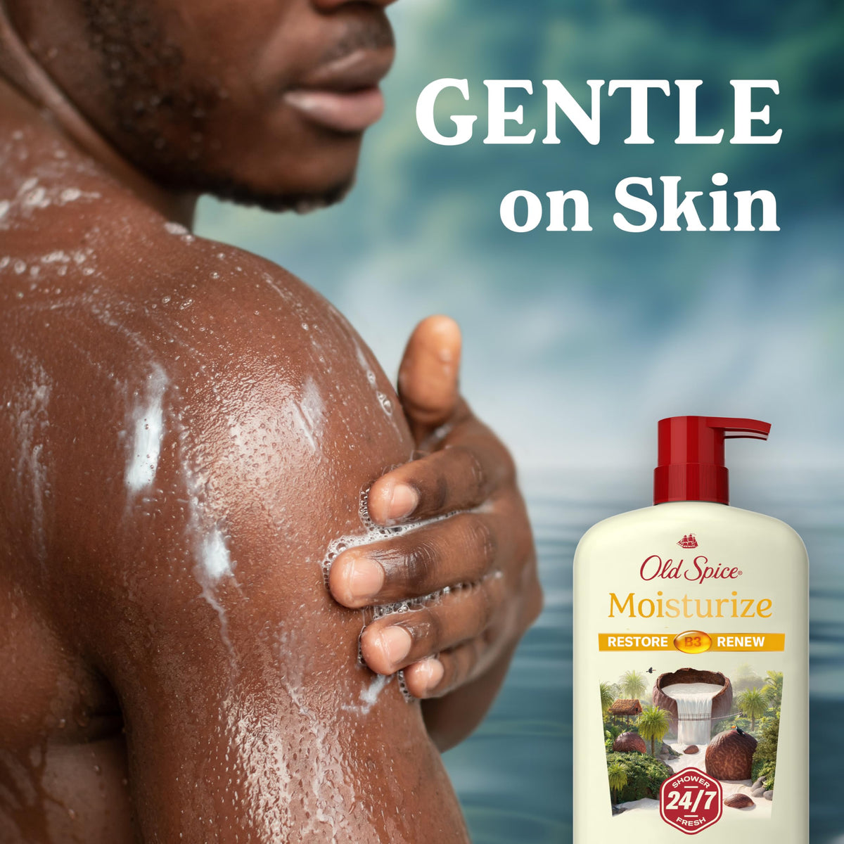 Old Spice label close-up displaying ingredients and skin-friendly formula