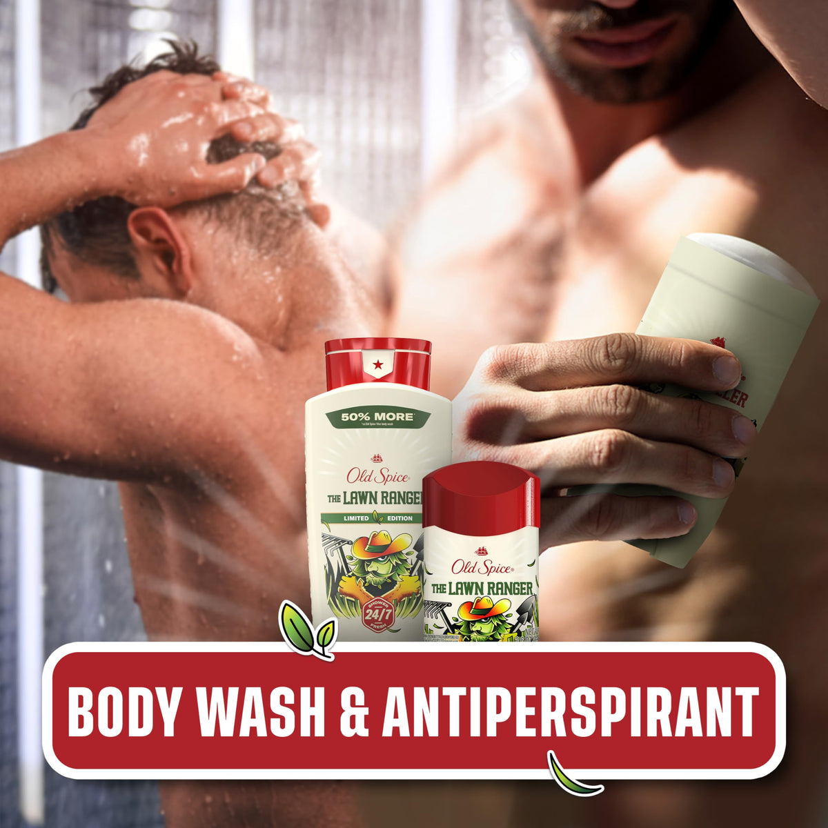 Old Spice Lawn Ranger beside lawn tools evoking fresh green scent and outdoor energy