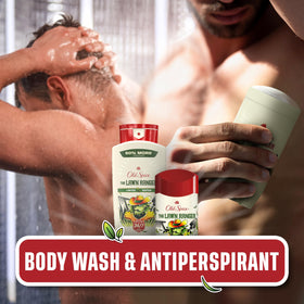 Old Spice Lawn Ranger beside lawn tools evoking fresh green scent and outdoor energy