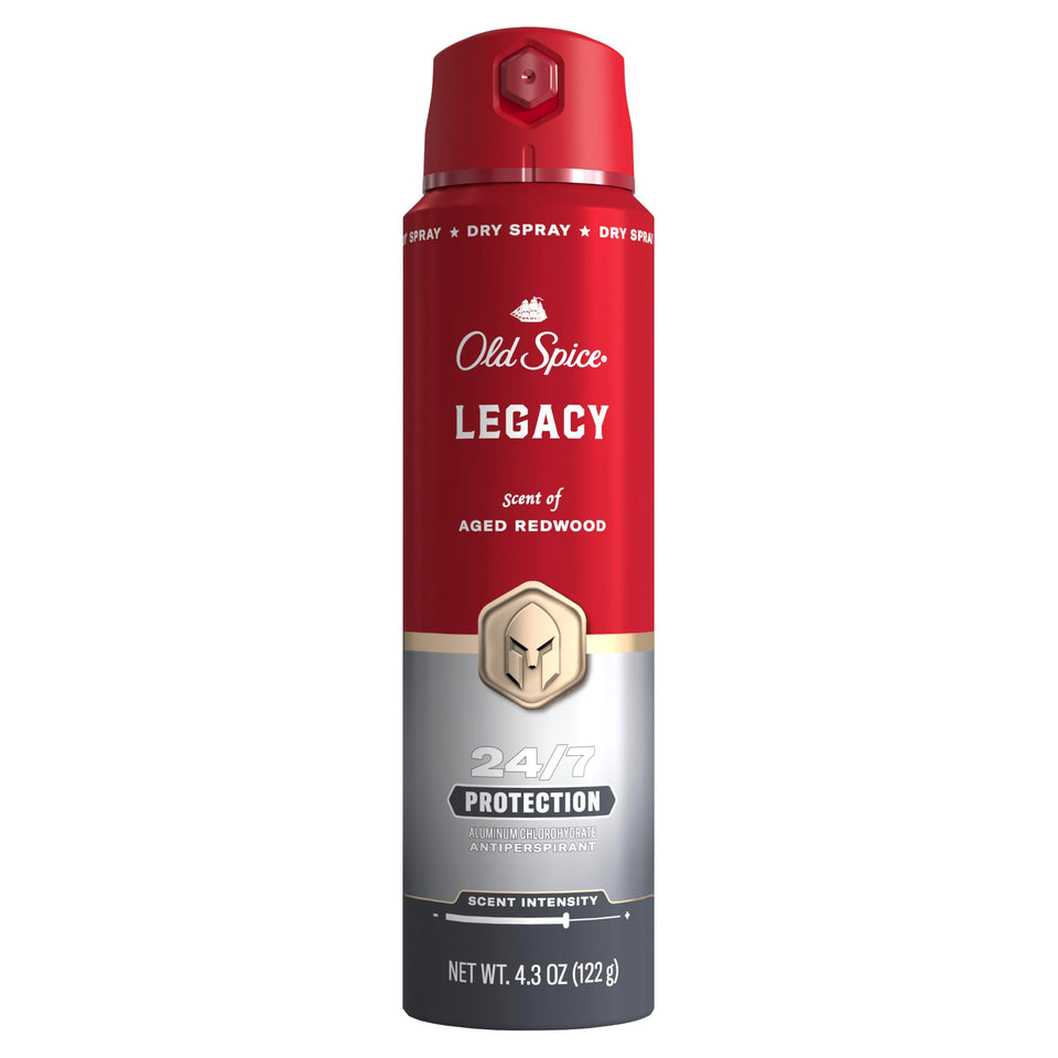 Old Spice Legacy front spray can showing label and size benefit