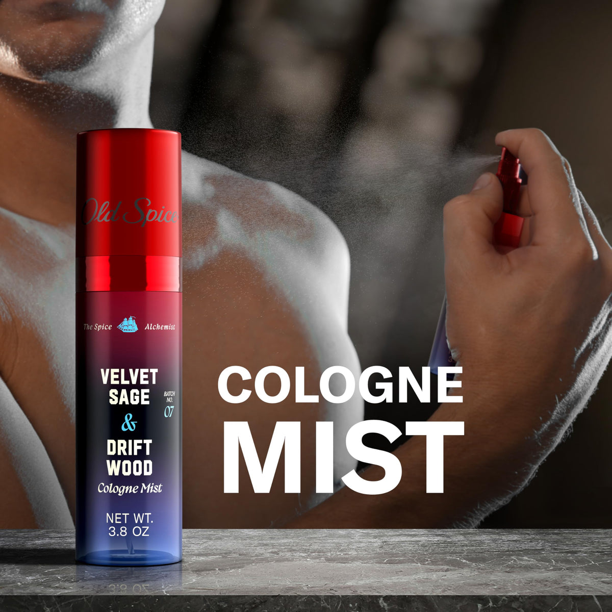 Old Spice on bathroom shelf styled with grooming items for curated routine